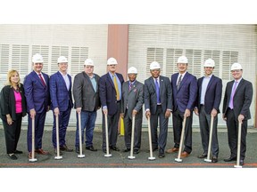 At the Linden groundbreaking, from left: Michele Yamakaitis, Linden City Council President; Chris Kidd, Director Business Development Northeast Aries Clean Energy; Stephen Zemaitatis Jr, President of Riggs-Distler; John Thomas, President of R&B Debris; Greg Bafalis; David Brown, Director of Linden Roselle Sewerage Authority; Mayor Derek Armstead, City of Linden; Phil Gennarelli, President of Liberty Energy; John Thompson, Aries Clean Energy Board Member; Mark Witt, CFO of Aries Clean Energy