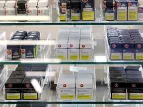 Cannabis products for sale inside a store in Calgary.