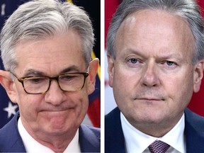 Fed chairman Jerome Powell, left, and Bank of Canada governor Stephen Poloz, right, both announce rate decisions this Wednesday.