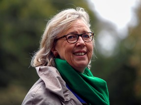 Green Party leader Elizabeth May reacts during an election campaign visit in Victoria, British Columbia, Oct. 4, 2019.