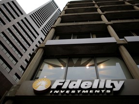 A sign marks a Fidelity Investments office in Boston, Massachusetts.