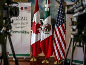 Canadian, Mexican and American flags displayed during NAFTA negotiations in 2017.