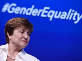 IMF Managing Director Kristalina Georgieva speaks about gender equality during the IMF and World Bank Fall Meetings on Oct. 15, 2019, in Washington, D.C.