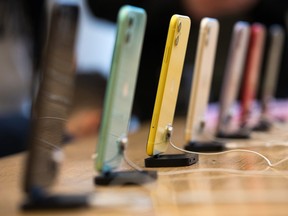 A row of Apple's iPhone 11 devices at a store in London, U.K.