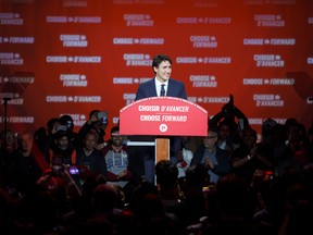 Liberal leader and Prime Minister Justin Trudeau delivers his victory speech at his election night headquarters on October 21, 2019 in Montreal.