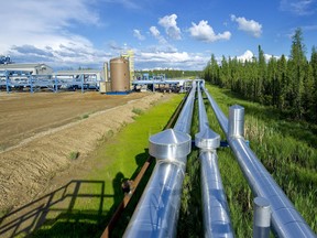 Pipes carrying bitumen at an oilsands site in Alberta.