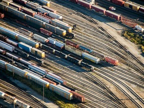 Freight trains and oil tankers at a rail yard in Toronto.