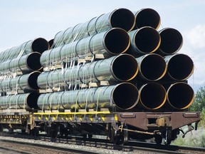 Pipes destined for the Trans Mountain pipeline are transported by rail through Kamloops.