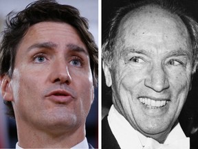 Prime Minister Justin Trudeau, left, and his late father former Prime Minister Pierre Elliott Trudeau.