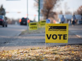 A "Vote" sign stands in front of a polling station in Regina, Saskatchewan.