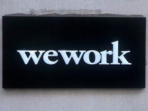 A WeWork logo in New York City.