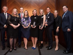 Top lawyers were recognized at the National Post and ZSA Legal Recruitment Western Canada General Counsel Awards in Vancouver. From Left, Christopher Sweeney, CEO, Co-Founder, ZSA Legal Recruitment; Nicole MacAdam, Financial Post Executive Producer; Tolek M. Strukoff, Gateway Casinos & Entertainment Limited, Tomorrow’s Leader; Keely Cameron, Alberta Energy Regulator, Litigation Management; Kristine L. Delkus, TC Energy, Lifetime Achievement; Shannon Higginson, lululemon, Business Achievement; Benjamin Lee, Mosaic Forest Management Corp., Deal Making; Paula Pepin, Lexgo, Host of WCGCA; John Osler, McCarthy Tetrault, accepting on behalf of Bob Rooney, Q.C., Enbridge Inc., General Counsel of the Year.