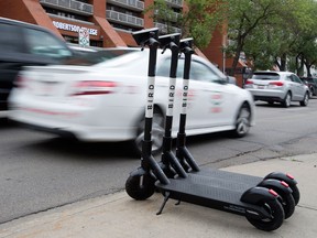 Bird electric scooters parked along Edmonton street in August. Bird, now in Calgary, Edmonton and Montreal, wants add Toronto, Ottawa, Vancouver to its market.