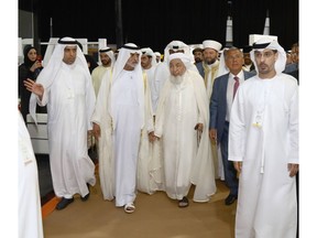 HE Sheikh Nahyan bin Mubarak Al Nahyan touring the WTS collocating exhibition, accompanied by Dawood Al Shezawi, Chairman of the Organizing Committee of the WTS (right) and HE Sheikh Abdulla bin Bayyah, Chairman of the UAE Fatwa Council, and HE Rustem Nurgalevich Menekhanov, President of the Republic of Tatarstan (left).