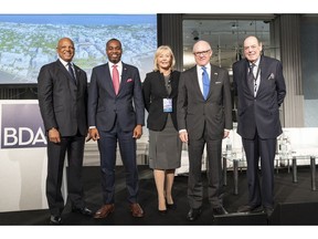 The opening keynote speakers at the Bermuda Executive Forum London 2019: (from left to right) Roland Andy Burrows, CEO of the BDA, The Hon. David Burt, JP, MP, Premier, Government of Bermuda, Fiona Luck, Non-Executive Director, Lloyd's of London Franchise Board, Robert Wood Johnson, Ambassador of the United States of America to the United Kingdom of Great Britain and Northern Ireland and The Rt. Hon. Sir Nicholas Soames, Former Conservative Member of Parliament