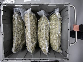 Packaged cannabis in the vault at Canopy Growth Corporation, in Aldergrove, B.C.