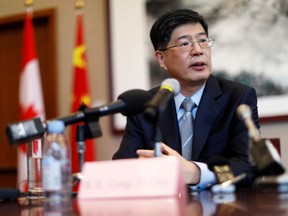 China's new ambassador to Canada Cong Peiwu speaks during a news conference at the Chinese Embassy in Ottawa on Friday.
