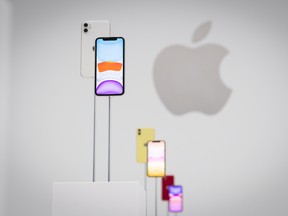 he Apple Inc. iPhone 11 smartphone is displayed after an event in Cupertino, California.