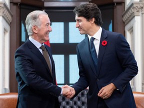 Canadian Prime Minister Justin Trudeau, right, meets with Richard E. Neal, Chairman of the Committee on Ways and Means of the United States House of Representatives on Parliament Hill in Ottawa, Wednesday.