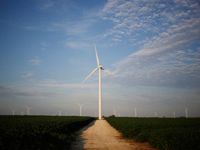 Wind turbines at the Amazon Wind Farm Fowler Ridge, operated by Pattern Energy Group Inc., stand in Fowler, Indiana, U.S.