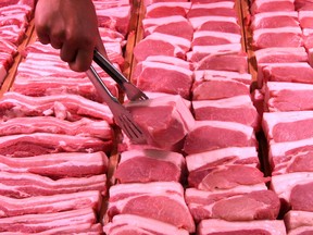 Pork on sale at at a supermarket in Handan, Hebei province. China suspended imports of Canadian meat in late June when relations between the two countries were at a low point.