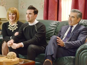 Cast from CBC TV show Shitt's Creek, from left, Catherine O'Hara, Dan Levy and Eugene Levy.
