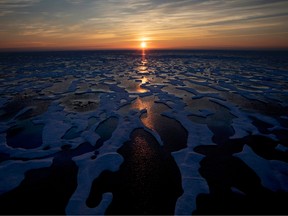 The midnight sun shines across sea ice along the Northwest Passage in the Canadian Arctic Archipelago in 2017.