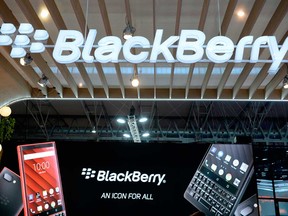 The BlackBerry logo is displayed at the Mobile World Congress (MWC) in Barcelona this past February.