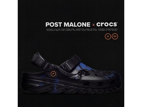 The Post Malone x Crocs Duet Max Clog is an innovative clog silhouette with a unique blue and black urban camo pattern, an exaggerated chunky outsole and pivotable backstraps with adjustable hook and loop closures. This is the fourth collaboration between the duo.
