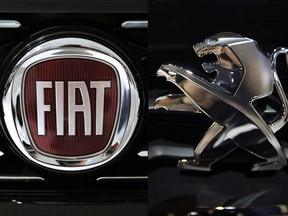 The logo of Italian auto maker Fiat, left, and the Peugeot logo. French carmaker PSA and US-Italian rival Fiat Chrysler have signed an agreement to create the world's fourth largest automaker.