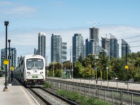 A GO train arrives at Mimico statio in Etobicoke, Ont.