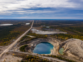 The Pine Point Project, featuring the exploration camp, a historic pit and waste pile as well as some of the existing haul roads.