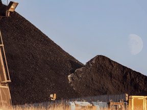 A pile of coal supply that would have been used at the Sheerness power plant in Hanna, Alta. Westmoreland Coal Co., which runs the mine, entered bankruptcy protection in 2018.