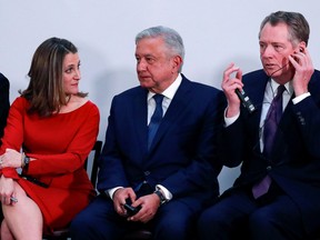 Deputy Prime Minister Chrystia Freeland, Mexico's President Andres Manuel Lopez Obrador, and U.S. Trade Representative Robert Lighthizer in Mexico, Dec. 10, 2019.