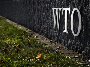 A sign at the World Trade Organization's headquarters in Geneva.