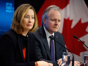 Stephen Poloz, governor of the Bank of Canada, and Carolyn Wilkins, senior deputy governor at the Bank of Canada, listen during a press conference in Ottawa, Ontario, Canada, on Wednesday, Jan. 22, 2020.