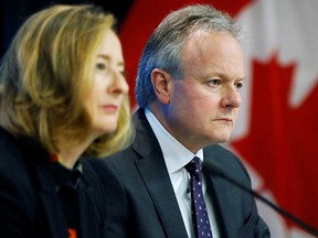 Bank of Canada Governor Stephen Poloz and Senior Deputy Governor Carolyn Wilkins hold during a news conference after announcing the rate decision on Jan. 22, 2020 in Ottawa.