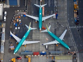 An aerial photo shows Boeing 737 MAX airplanes parked on the tarmac at the Boeing Factory in Renton, Washington.