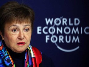 IMF Managing Director Kristalina Georgieva speaks at a news conference ahead of the World Economic Forum in Davos, Switzerland on Monday.
