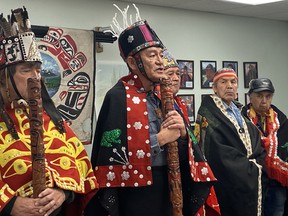 Na'moks (centre), a spokesman for the Wet'suwet'en hereditary chiefs, says they will not meet with representatives of a natural gas company that wants to build a pipeline through the First Nation's traditional territory. Na'moks held a press conference in Smithers, B.C., Tuesday, Jan. 7, 2020.