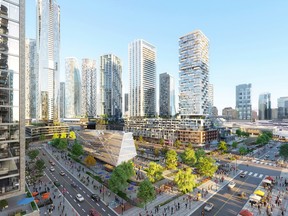 Aerial view of The Strand, the transit-connected and pedestrian-friendly heart of Square One District.