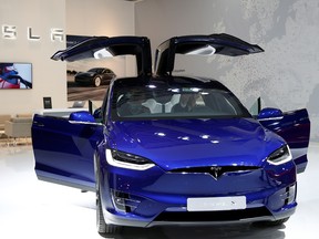 A Tesla Model X electric car is seen at Brussels Motor Show, Belgium, January 9, 2020.