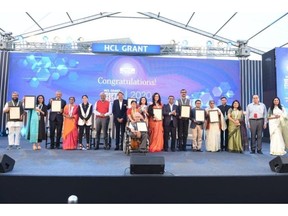Cricketing legend Kapil Dev felicitates winners of HCL Grant 2020. Key HCL personalities (from left to right) -- Ms. Roshni Nadar Malhotra, Vice Chairperson of HCL Technologies and the Chairperson of its CSR committee; Mr. Shiv Nadar, Founder & Chairman; Kapil Dev; Mr. Prateek Aggarwal, Chief Financial Officer, HCL Technologies and Ms. Nidhi Pundhir, Director HCL Foundation