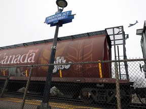 An idle CN Rail train in Trenton, Ont.
