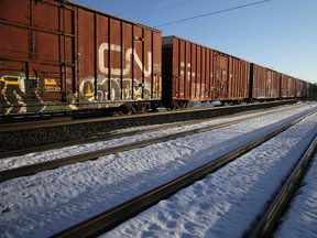 A Canadian National Railway (CN Rail) freight train remains halted while First Nations members of the Tyendinaga Mohawk Territory continue to camp next to train tracks 2 km away as part of a solidarity protest with the Wet'suwet'en Nation against British Columbia's Coastal GasLink pipeline, in Tyendinaga, Ontario, Canada February 21, 2020.