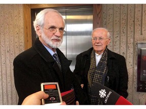Former Knowledge House Inc. president and CEO Daniel Potter, left, speaks to reporters at the courthouse in Halifax on Friday, March 9, 2018. Two executives once referred to by a judge as the mastermind and enforcer of a multimillion-dollar stock market scheme in Nova Scotia were jailed this week as the province's highest court upheld their convictions.THE CANADIAN PRESS/Brett Bundale