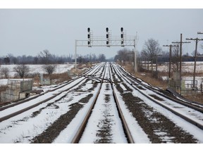 The closed train tracks are seen in Tyendinaga Mohawk Territory, Ont. on Wednesday, Feb. 12, 2020, in support of Wet'suwet'en's blockade of a natural gas pipeline in northern B.C.