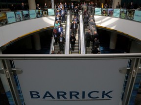 Barrick Gold's logo at the Prospectors and Developers Association of Canada (PDAC) annual convention in Toronto, March 4, 2019.