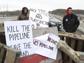 Protestors block two ends of Highway 6 in Caledonia on Tuesday.