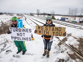 Protesters at a rail crossing in Belleville, Ont.